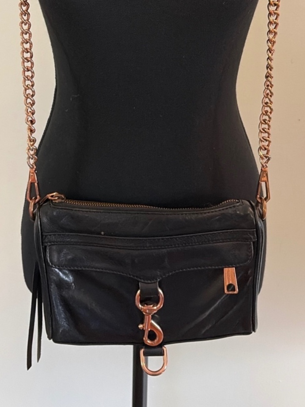 Rebecca Minkoff Mini MAC Black Leather Rose Gold Crossbody Bag